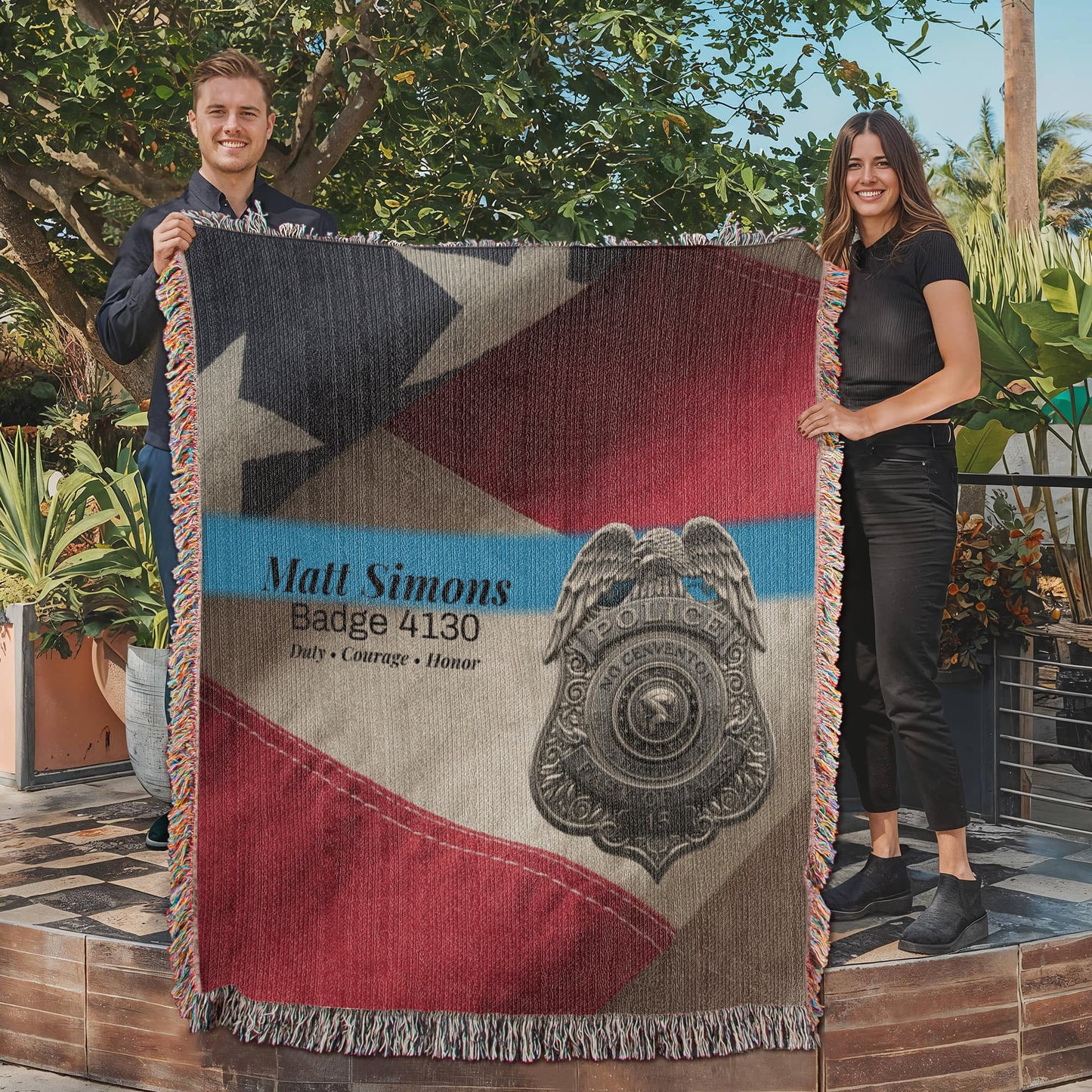 Luxe Police Woven Blanket • Thin Blue Line • Personalized Officer Gift