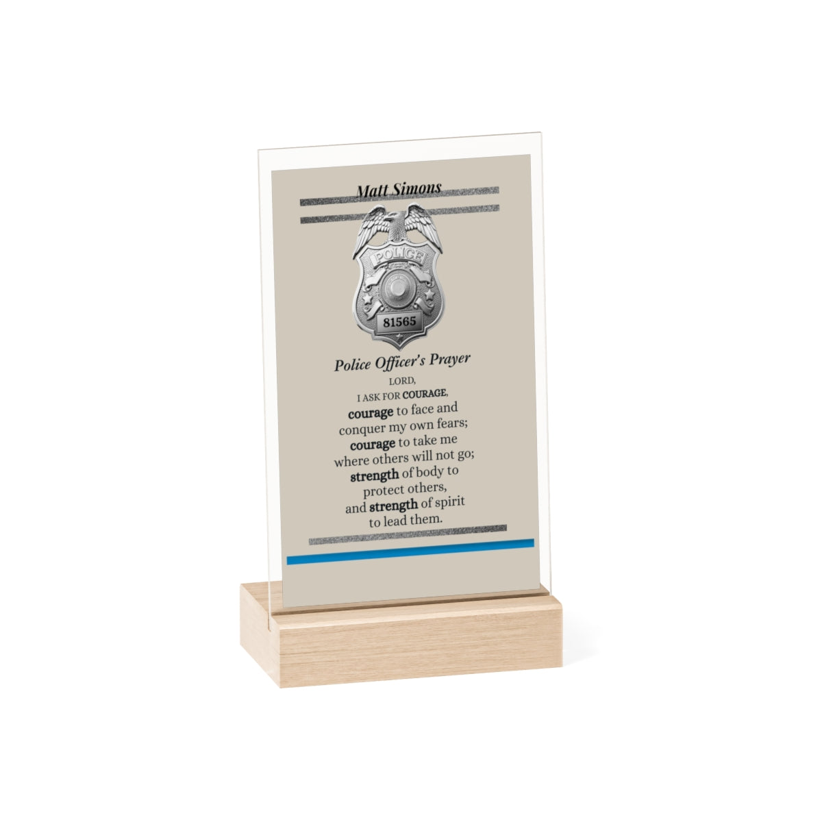 Police Acrylic Tribute Sign with Wooden Stand | Thin Blue Line Desk Decor GiftAcrylic Sign with Wooden Stand