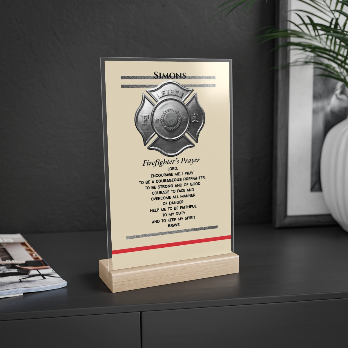 Firefighter Acrylic Tribute Sign with Wooden Stand | Maltese Cross Desk Gift