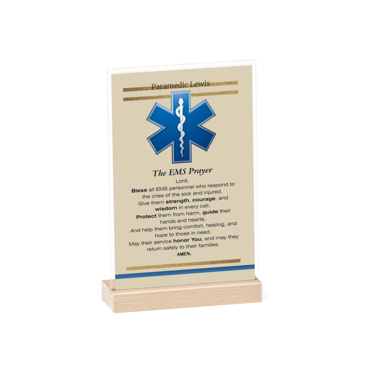 EMS Acrylic Tribute Sign with Wooden Stand | Star of Life Desk Gift for EMTs & Paramedics