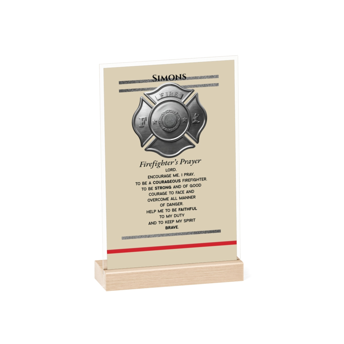 Firefighter Acrylic Tribute Sign with Wooden Stand | Maltese Cross Desk Gift