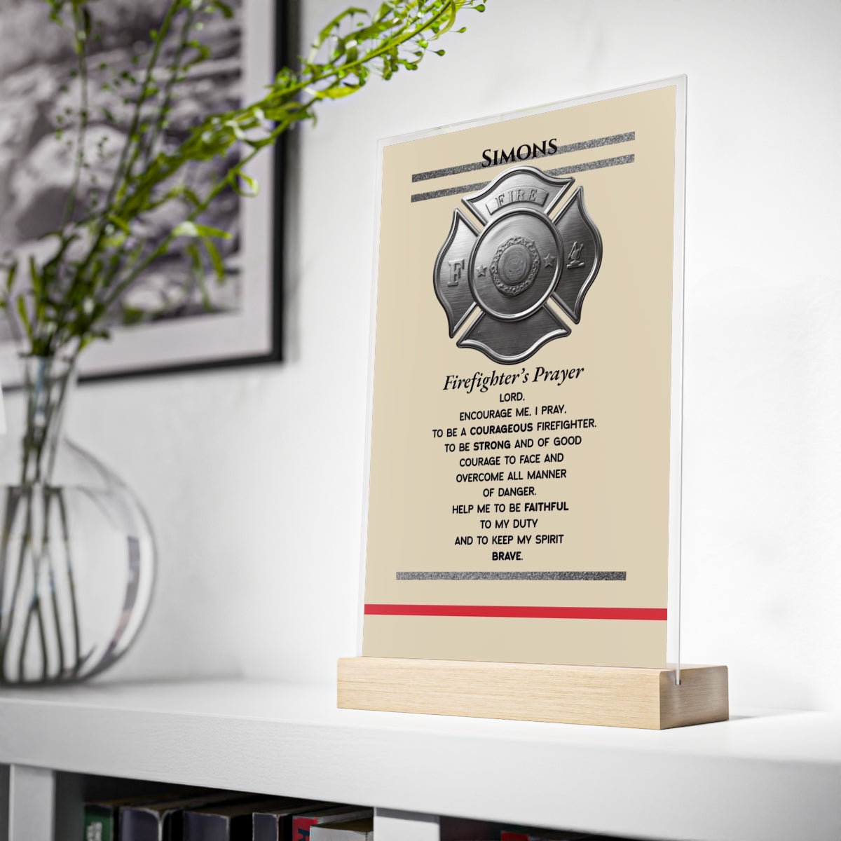 Firefighter Acrylic Tribute Sign with Wooden Stand | Maltese Cross Desk Gift