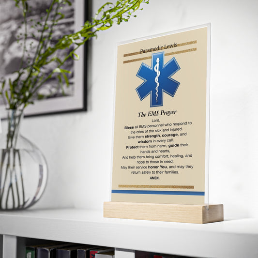 EMS Acrylic Tribute Sign with Wooden Stand | Star of Life Desk Gift for EMTs & Paramedics